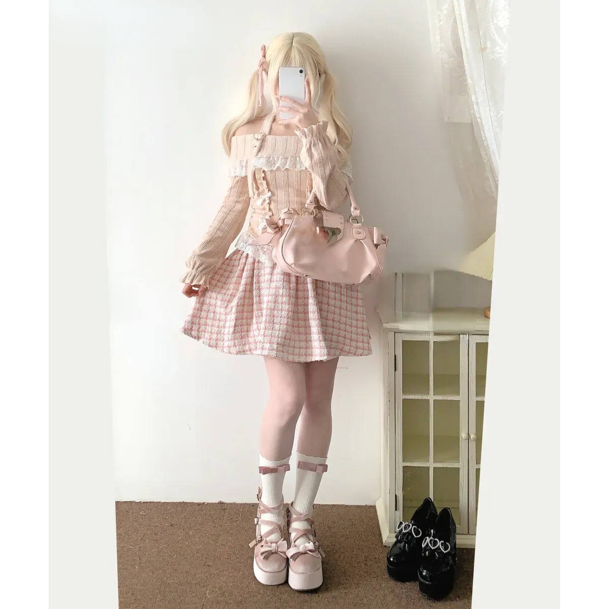 Kawaii Lace Patchwork Knit Top – Halter Neck Lolita Sweater - Sweaters - Long - Off-Shoulder - Crop Tops - 20