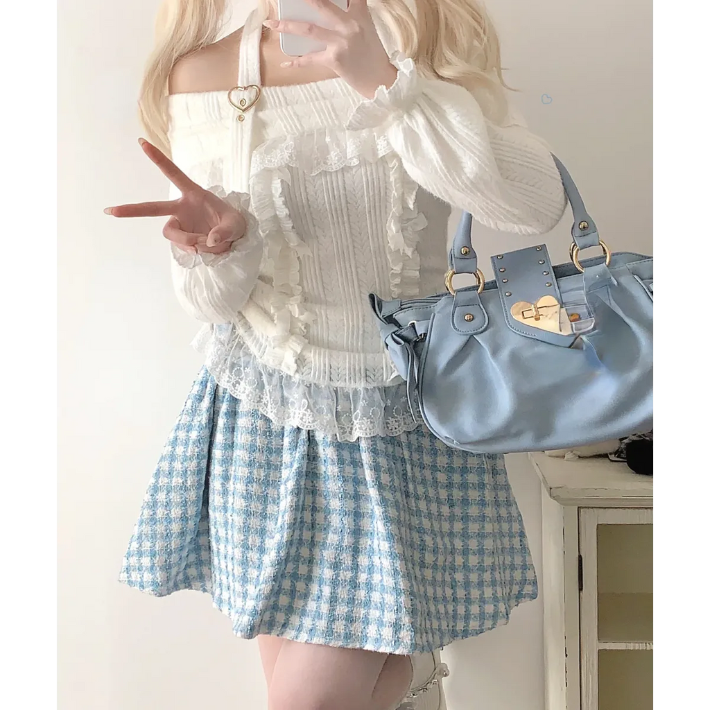 Kawaii Lace Patchwork Knit Top – Halter Neck Lolita Sweater - Sweaters - Long - Off-Shoulder - Crop Tops - 22