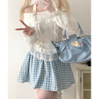 Kawaii Lace Patchwork Knit Top – Halter Neck Lolita Sweater - Sweaters - Long - Off-Shoulder - Crop Tops - 22