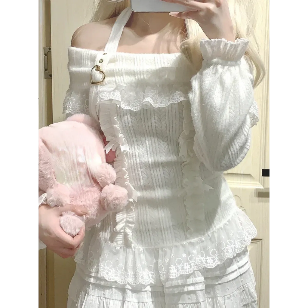 Kawaii Lace Patchwork Knit Top – Halter Neck Lolita Sweater - Sweaters - Long - Off-Shoulder - Crop Tops - 24