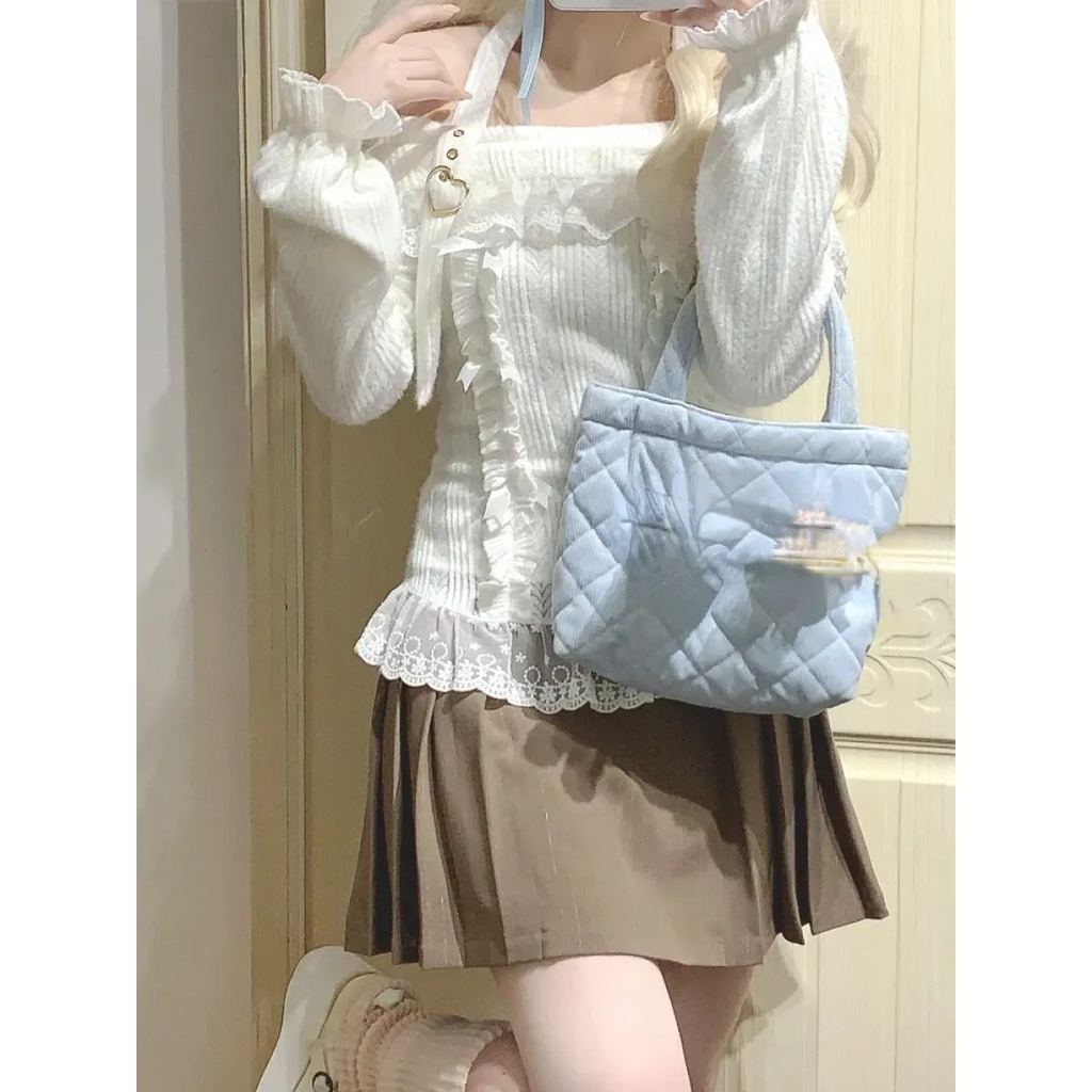 Kawaii Lace Patchwork Knit Top – Halter Neck Lolita Sweater - Sweaters - Long - Off-Shoulder - Crop Tops - 4