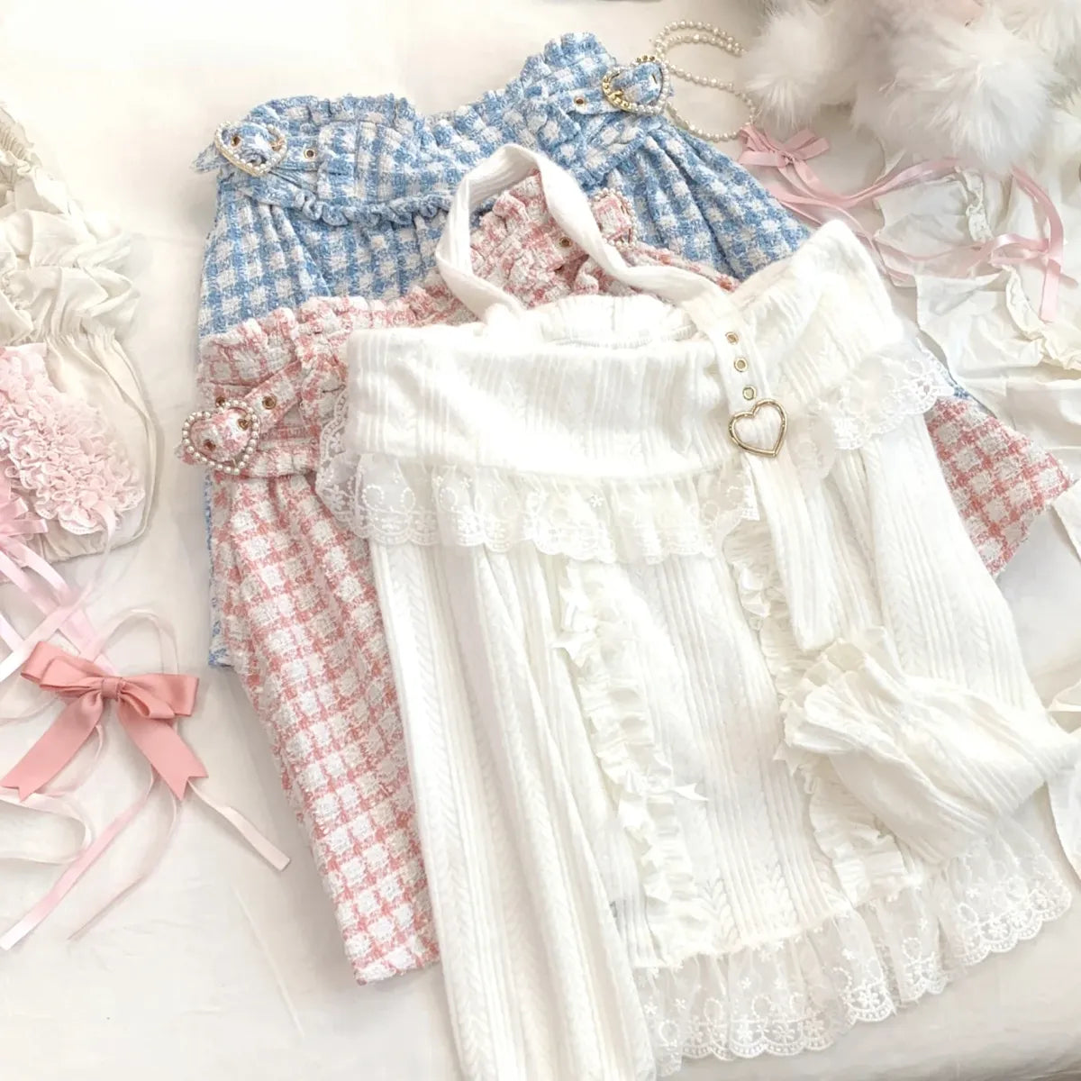 Kawaii Lace Patchwork Knit Top – Halter Neck Lolita Sweater - Sweaters - Long - Off-Shoulder - Crop Tops - 5