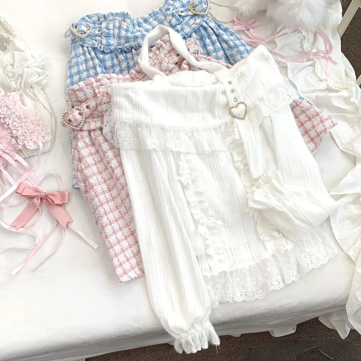 Kawaii Lace Patchwork Knit Top – Halter Neck Lolita Sweater - Sweaters - Long - Off-Shoulder - Crop Tops - 7