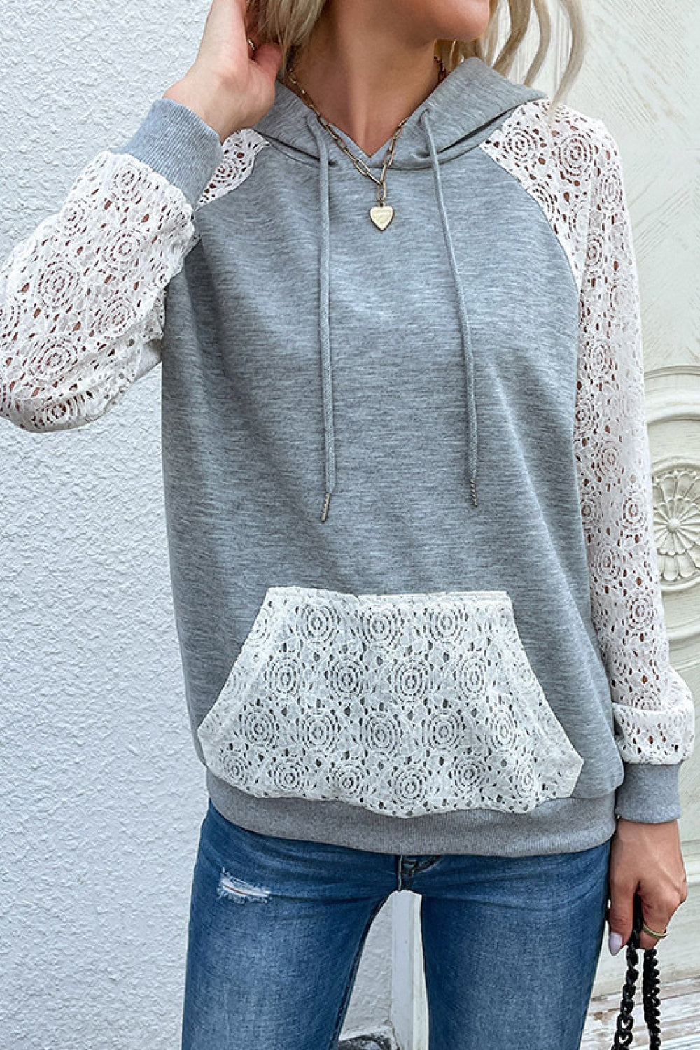 Lace Raglan Sleeve Drawstring Hoodie - Women’s Clothing & Accessories - Shirts & Tops - 3 - 2024