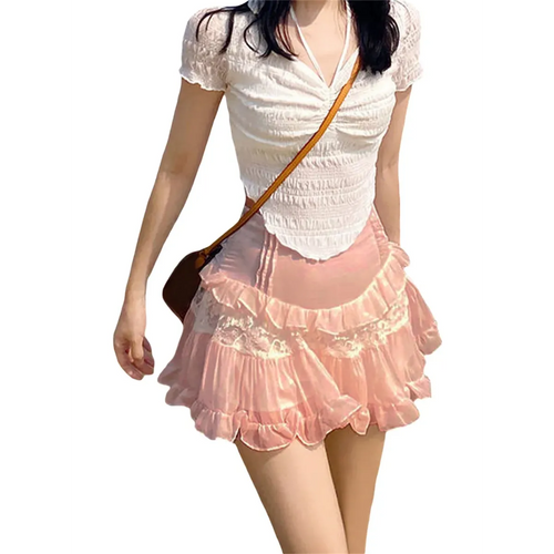 High-Waist Lace Ruffle Mini Skirt - Summer A-Line Patchwork - Bottoms - Skirt - 2