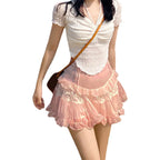 High-Waist Lace Ruffle Mini Skirt - Summer A-Line Patchwork - Bottoms - Skirt - 16