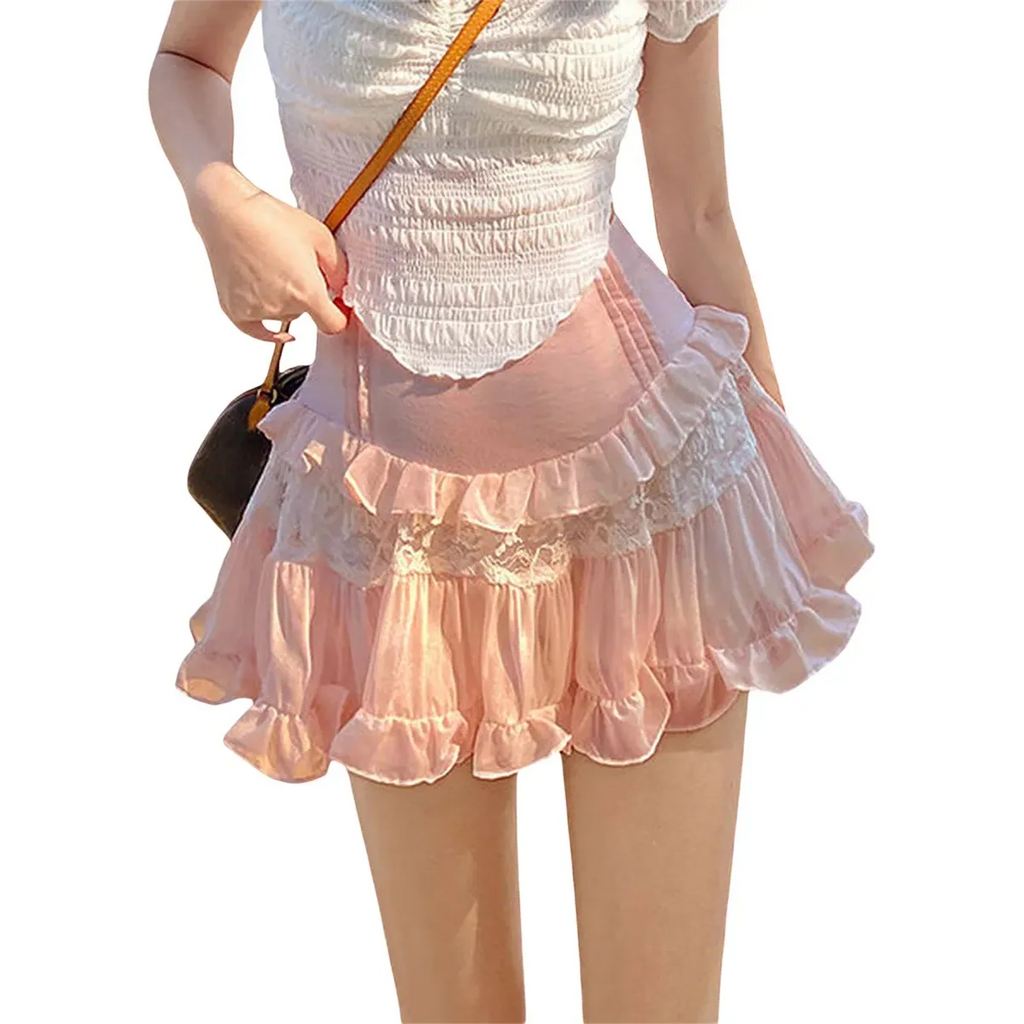 High-Waist Lace Ruffle Mini Skirt - Summer A-Line Patchwork - Bottoms - Skirt - 1