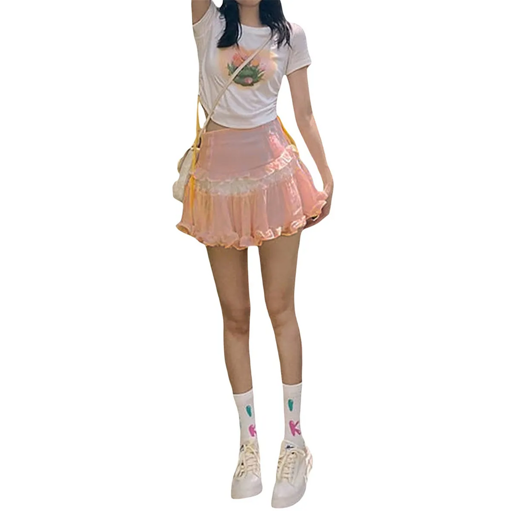 High-Waist Lace Ruffle Mini Skirt - Summer A-Line Patchwork - Bottoms - Skirt - 9