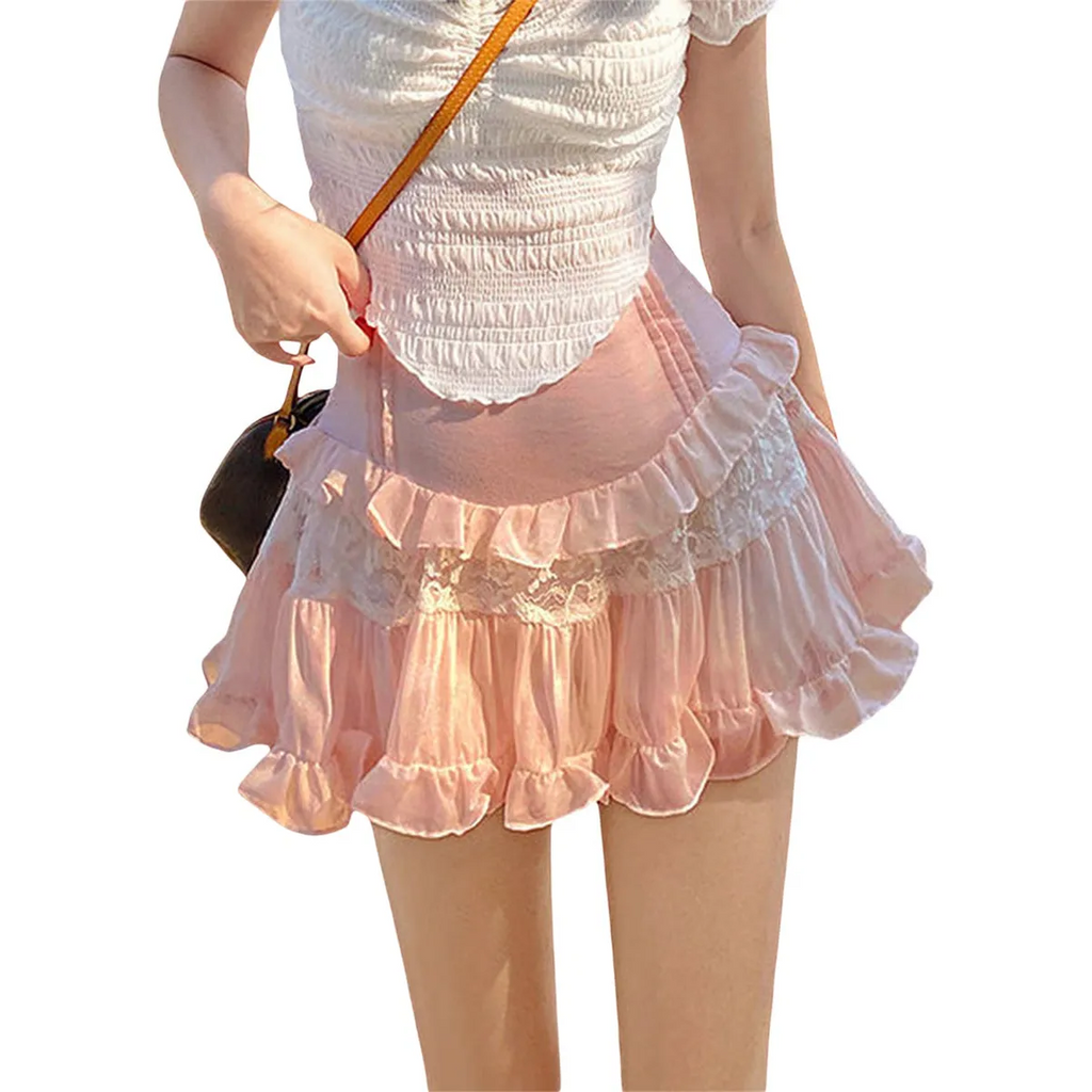 High-Waist Lace Ruffle Mini Skirt - Summer A-Line Patchwork - Bottoms - Skirt - 8