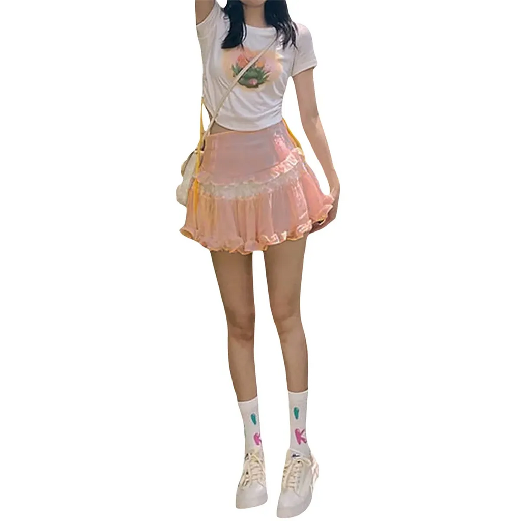 High-Waist Lace Ruffle Mini Skirt - Summer A-Line Patchwork - Bottoms - Skirt - 5