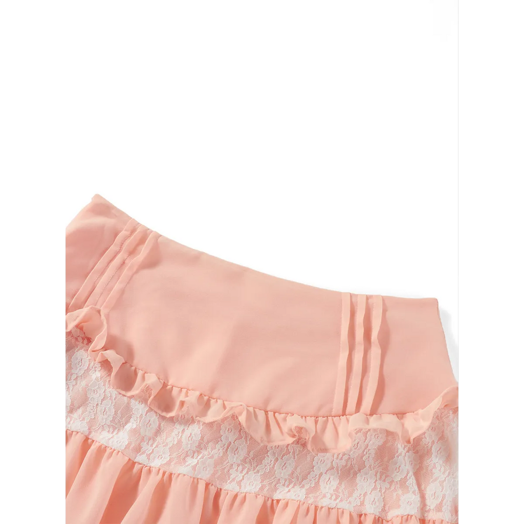 High-Waist Lace Ruffle Mini Skirt - Summer A-Line Patchwork - Bottoms - Skirt - 14
