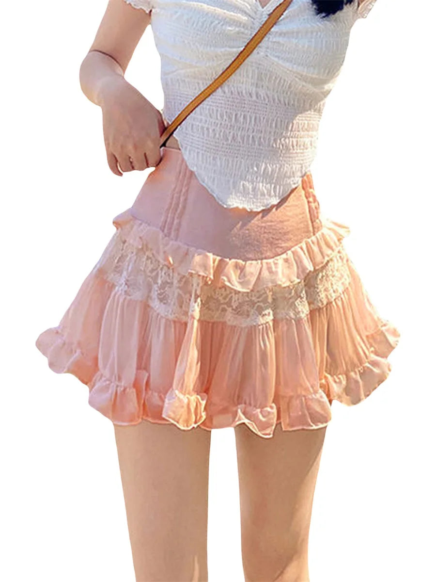 High-Waist Lace Ruffle Mini Skirt - Summer A-Line Patchwork - Bottoms - Skirts - 2024 - 4 - Worldwide Shipping