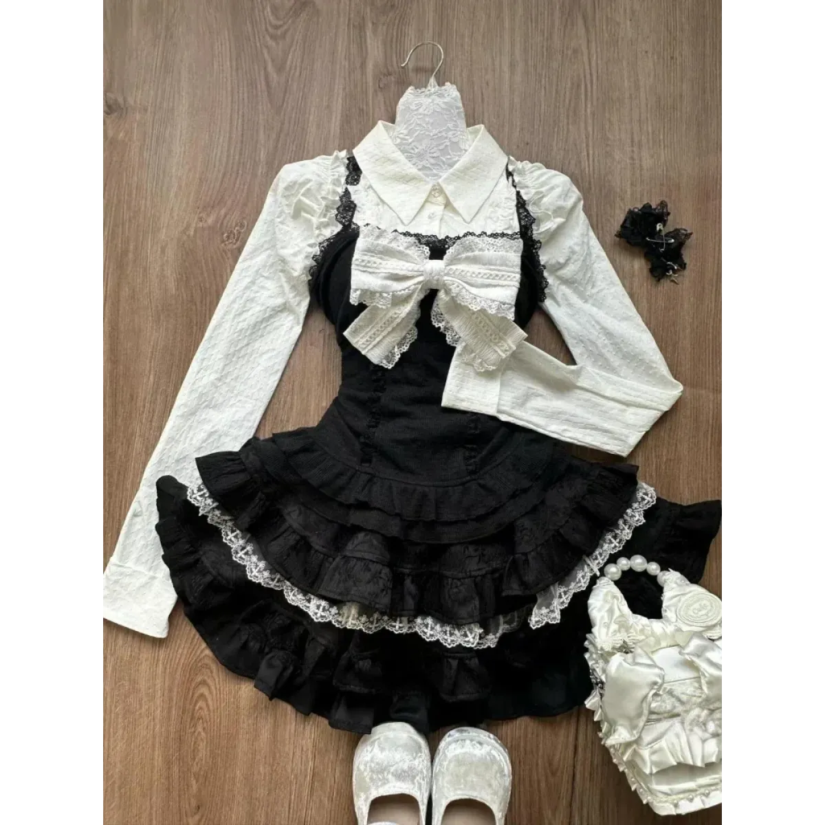 Lace Tiered Skirt Set – Sweet Lolita Kawaii Style - Bottoms - Long - Shirt - Clothing Sets - 1