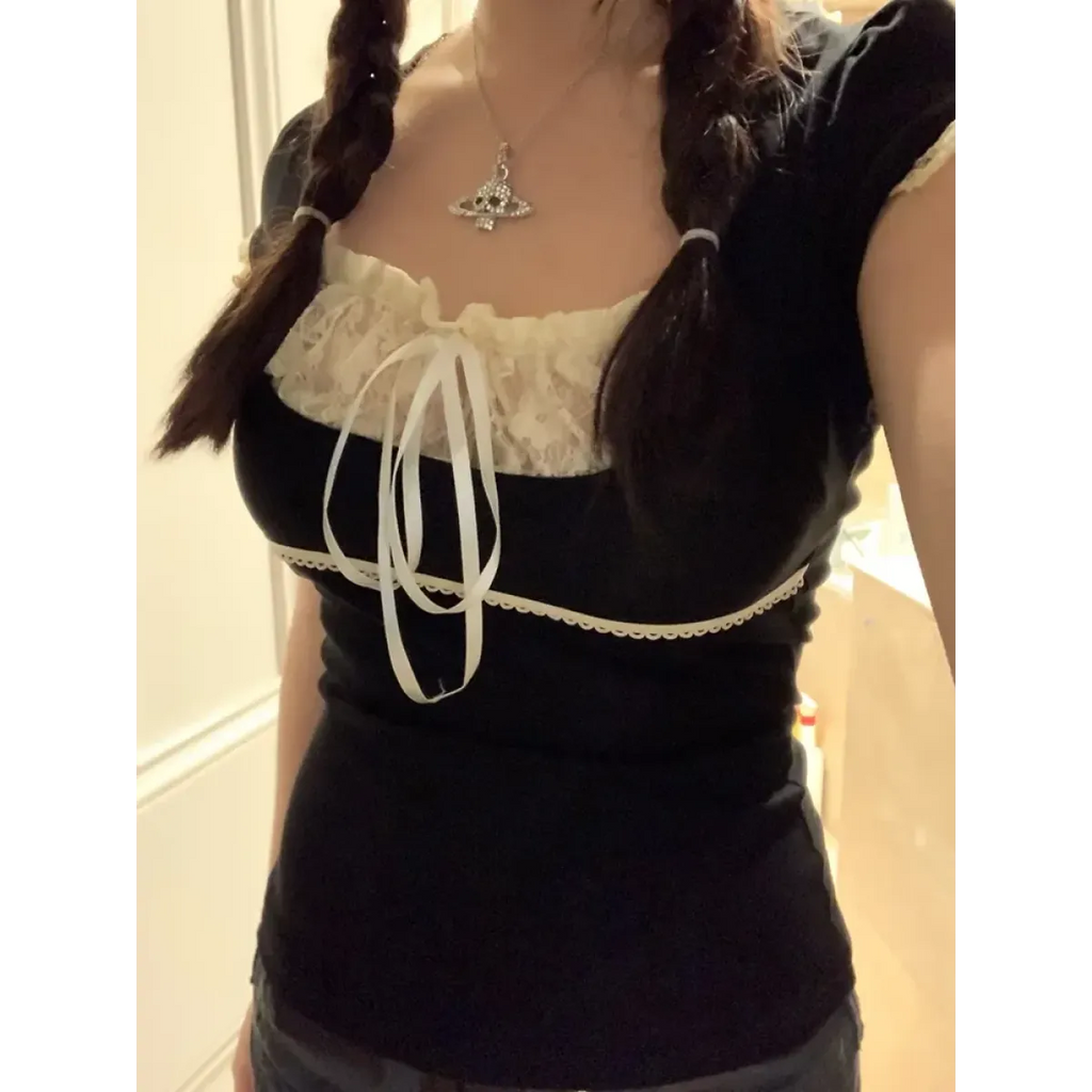 Lace Trim Crop Top: Sweet Square Neck Harajuku Tee - T-Shirts - 1