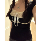 Lace Trim Crop Top: Sweet Square Neck Harajuku Tee - T-Shirts - 1