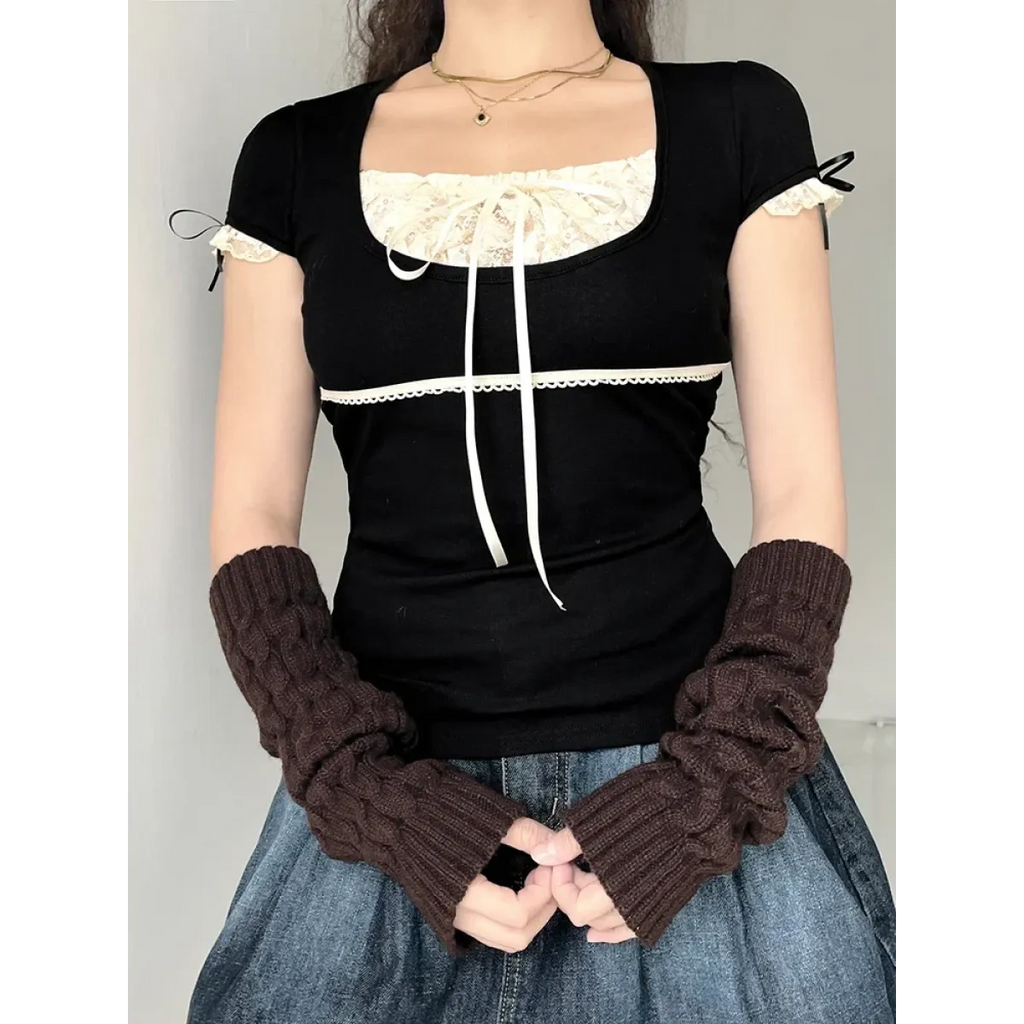 Lace Trim Crop Top: Sweet Square Neck Harajuku Tee - T-Shirts - 2