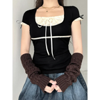 Lace Trim Crop Top: Sweet Square Neck Harajuku Tee - T-Shirts - 2