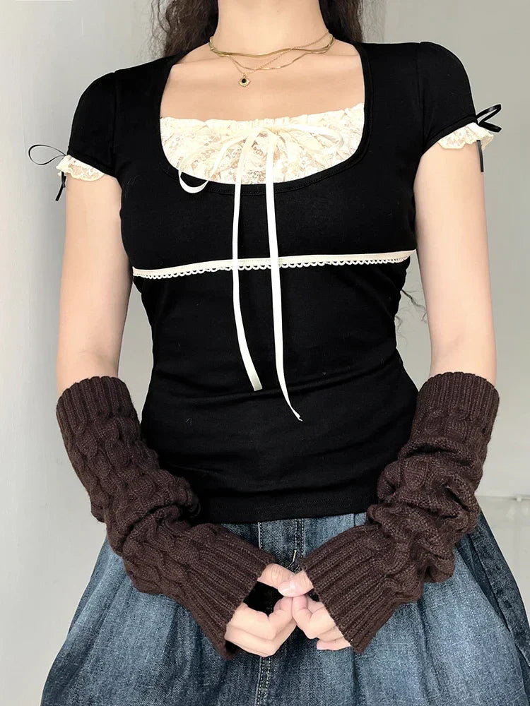 Lace Trim Crop Top: Sweet Square Neck Harajuku Tee - T-Shirts - Shirts & Tops - 2 - 2024