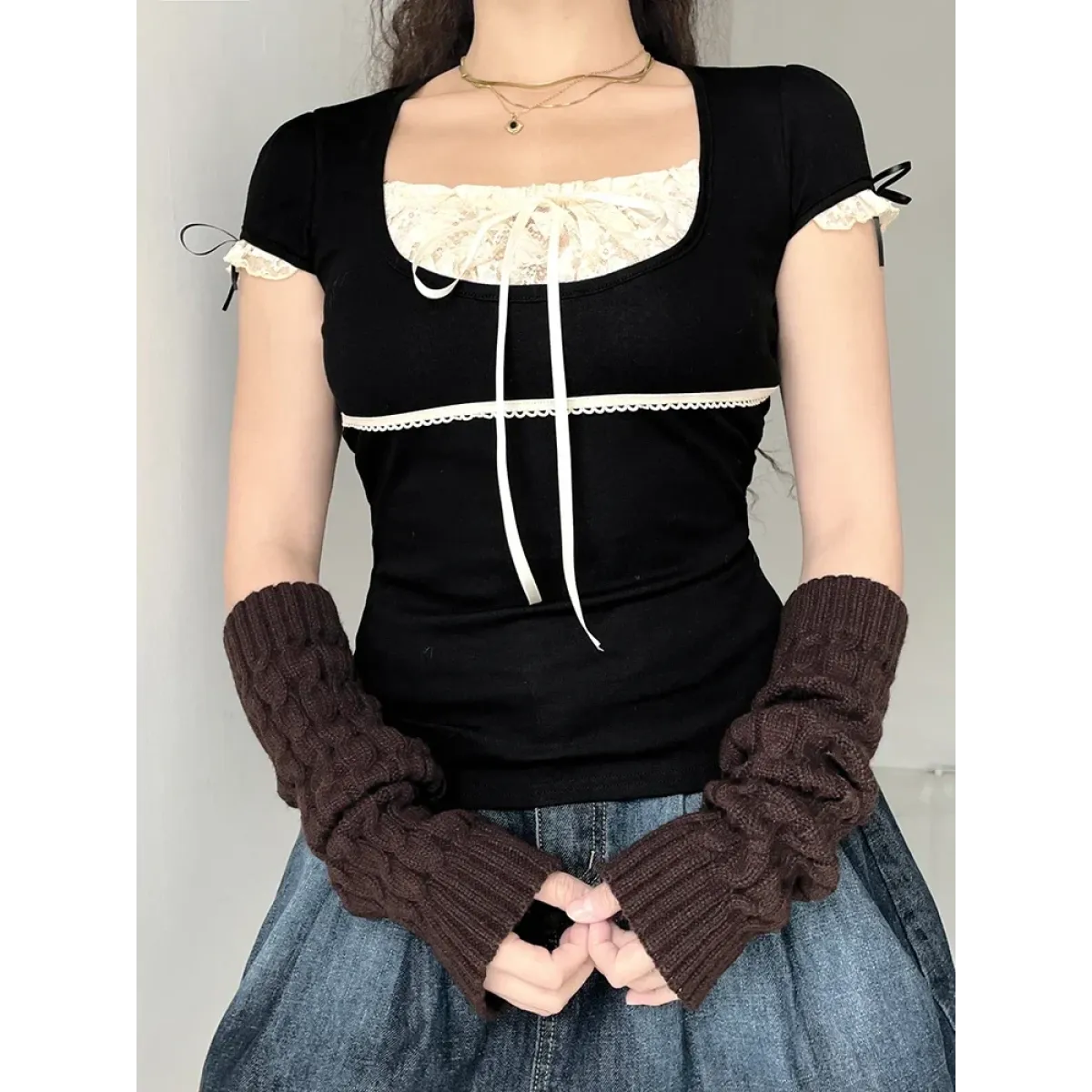 Lace Trim Crop Top: Sweet Square Neck Harajuku Tee - T-Shirts - 2