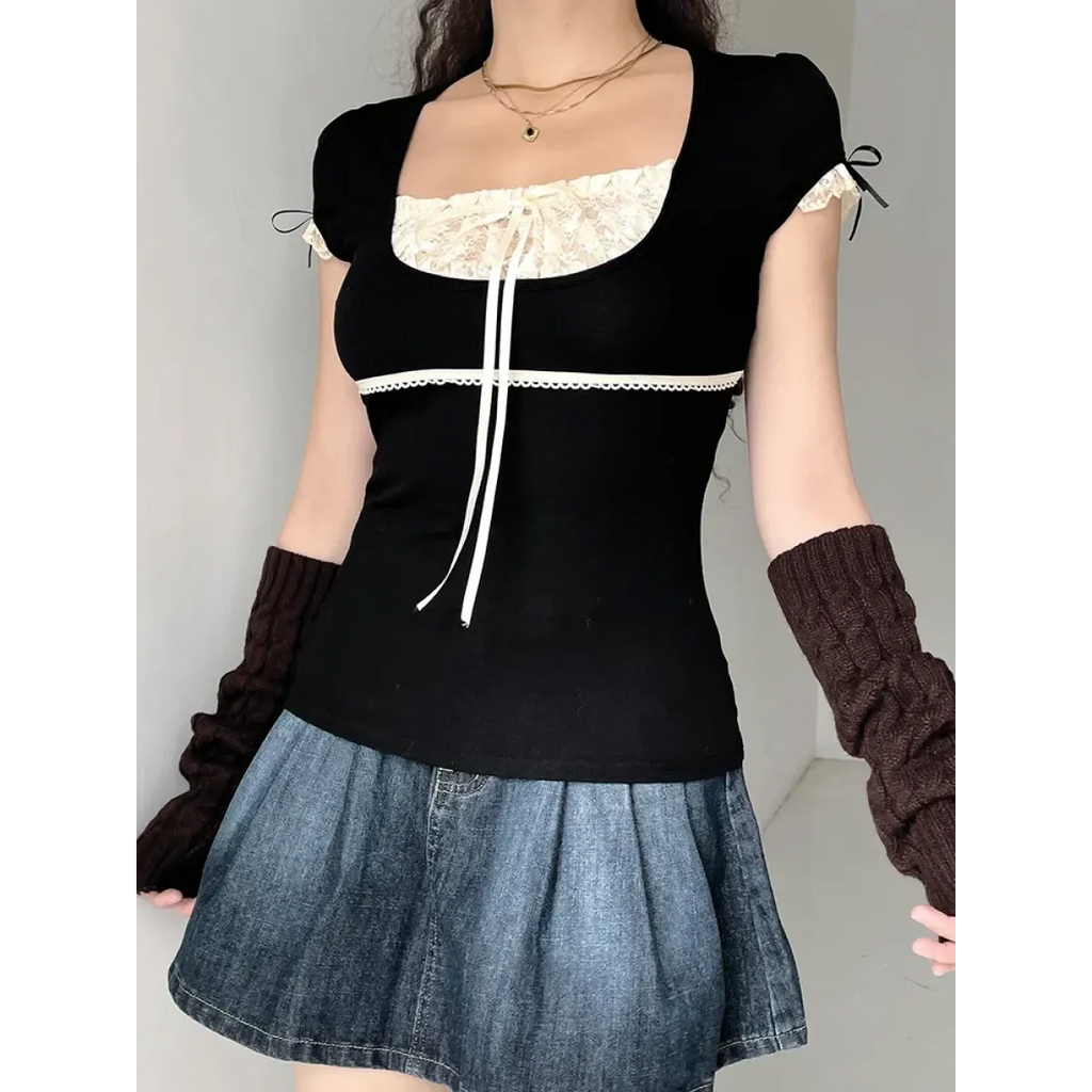 Lace Trim Crop Top: Sweet Square Neck Harajuku Tee - T-Shirts - 3