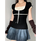 Lace Trim Crop Top: Sweet Square Neck Harajuku Tee - T-Shirts - 3