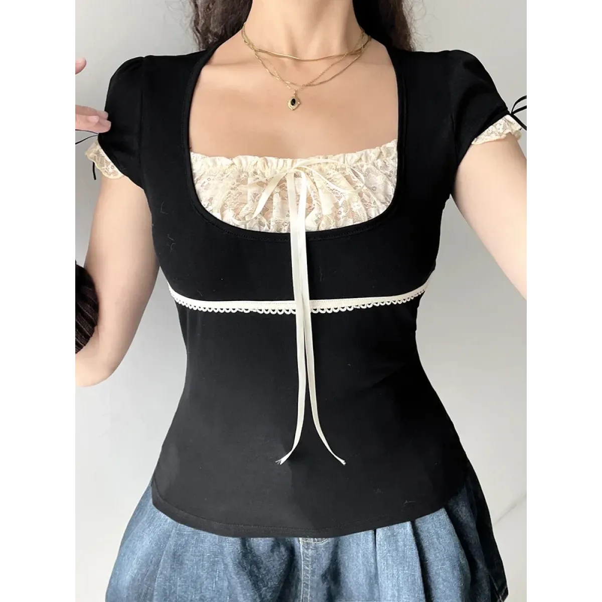 Lace Trim Crop Top: Sweet Square Neck Harajuku Tee - T-Shirts - 4