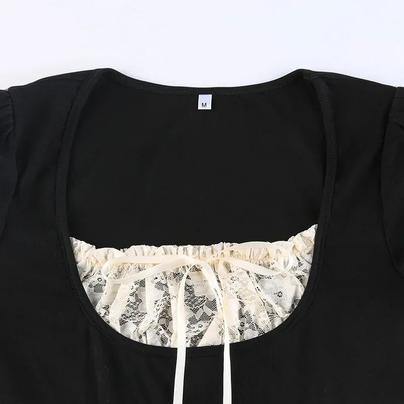 Lace Trim Crop Top: Sweet Square Neck Harajuku Tee - T-Shirts - Shirts & Tops - 5 - 2024