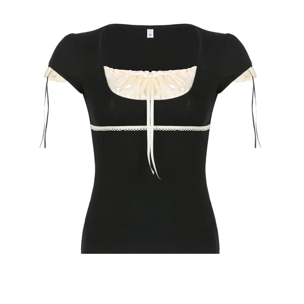 Lace Trim Crop Top: Sweet Square Neck Harajuku Tee - T-Shirts - 7