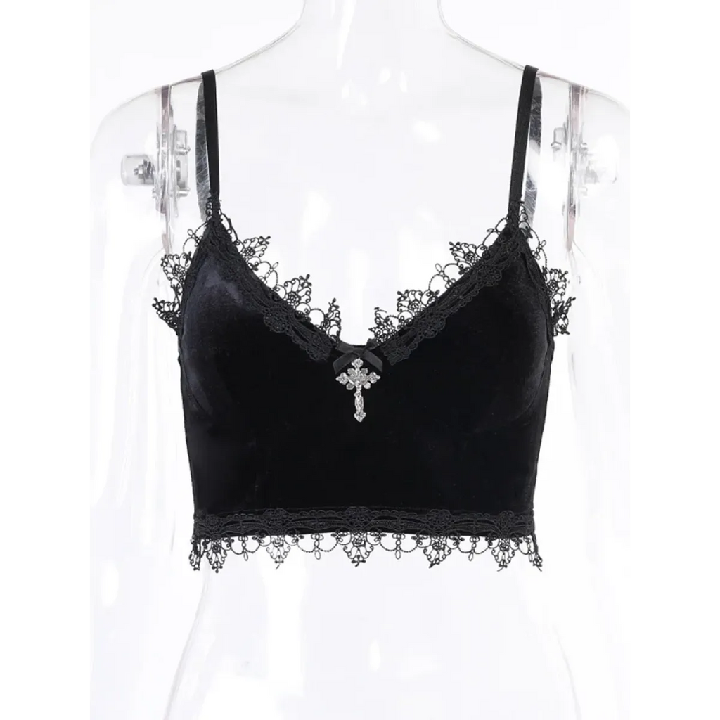 Gothic Velvet Lace Trim Crop Top - Women’s Clothing & Accessories - Tops - 3