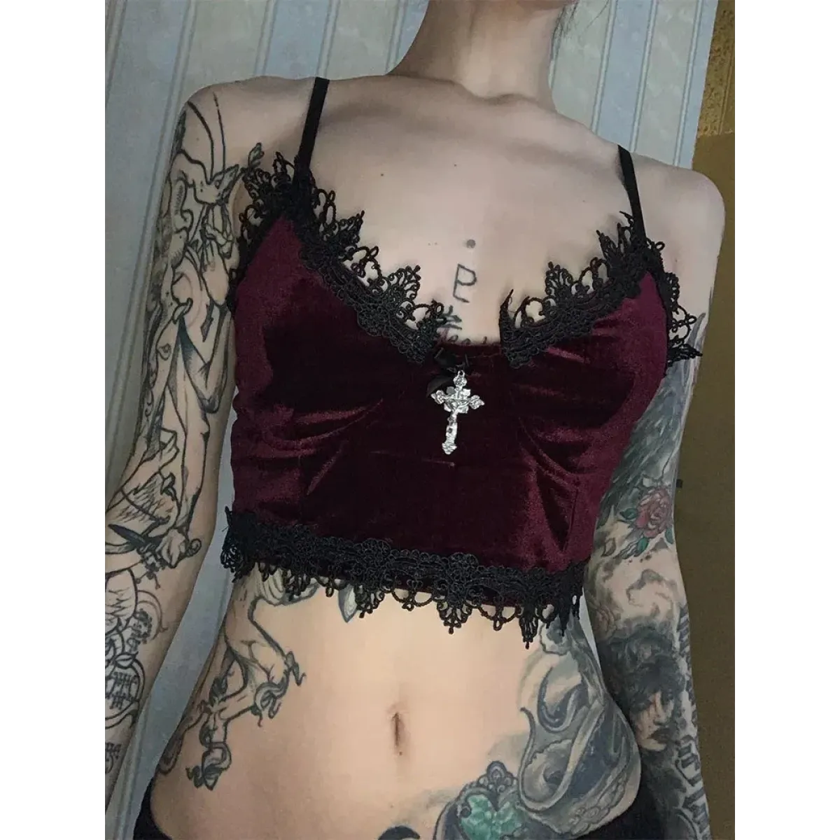 Gothic Velvet Lace Trim Crop Top - Women’s Clothing & Accessories - Tops - 5
