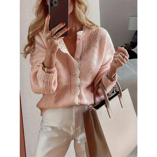 Lace Trim Knit Cardigan Sweater – Elegant Fall Layer - Sweaters - Cardigan - 1