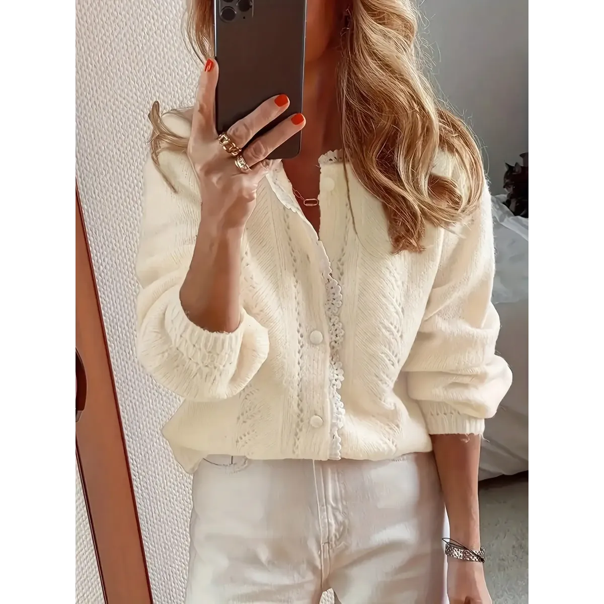 Lace Trim Knit Cardigan Sweater – Elegant Fall Layer - Sweaters - Cardigan - 7