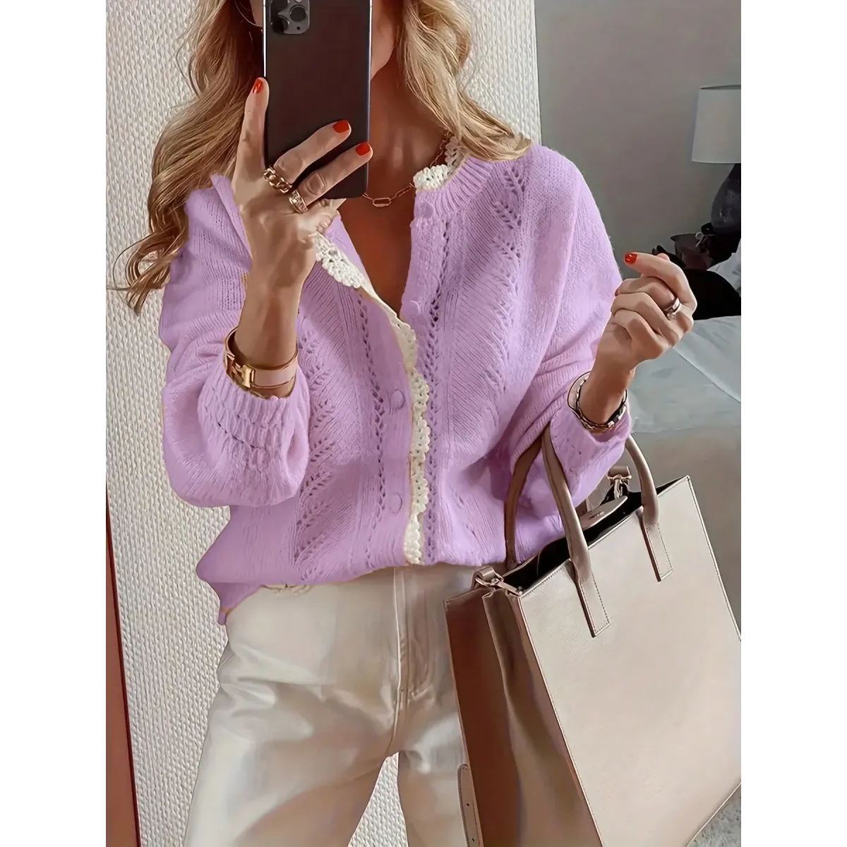 Lace Trim Knit Cardigan Sweater – Elegant Fall Layer - Sweaters - Cardigan - 6