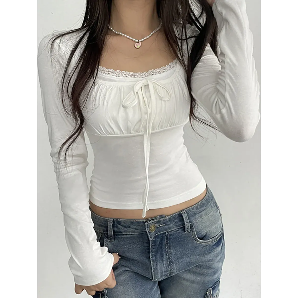 Lace Trim Long Sleeve Top - Ruched Tie-Up T-Shirt - T-Shirts - Long - Scoop - T-Shirts - 1