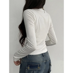 Lace Trim Long Sleeve Top - Ruched Tie-Up T-Shirt - T-Shirts - Long - Scoop - T-Shirts - 2