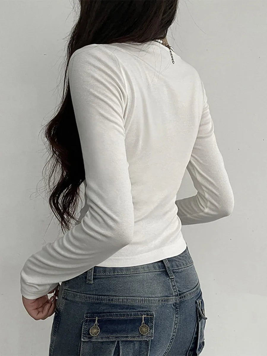 Lace Trim Long Sleeve Top - Ruched Tie-Up T-Shirt - T-Shirts - Tank Tops - 2024 - 2 - Worldwide Shipping