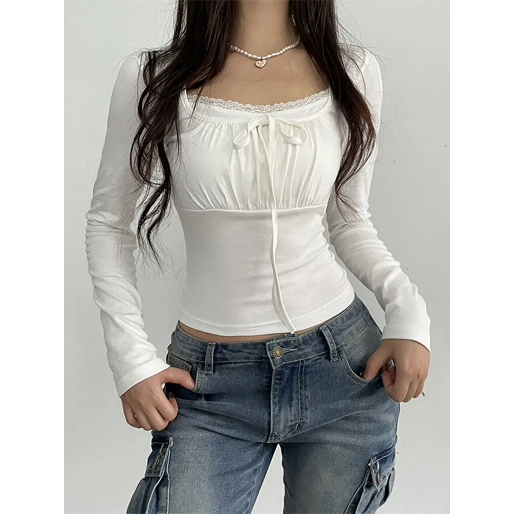 Lace Trim Long Sleeve Top - Ruched Tie-Up T-Shirt - T-Shirts - Long - Scoop - T-Shirts - 3