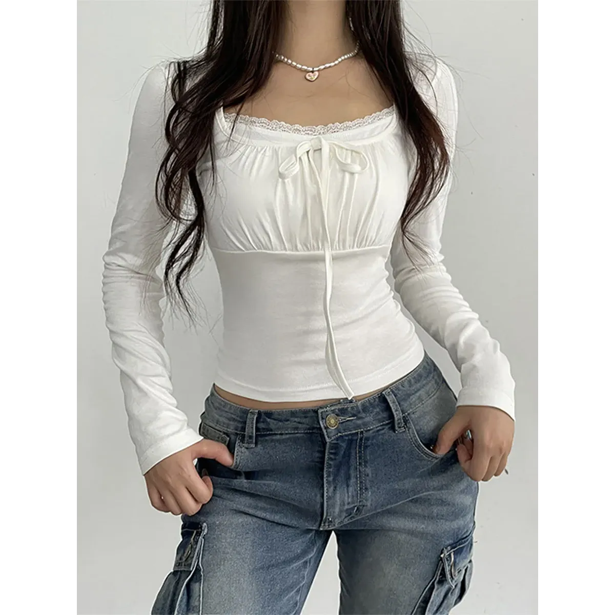 Lace Trim Long Sleeve Top - Ruched Tie-Up T-Shirt - T-Shirts - Long - Scoop - T-Shirts - 3