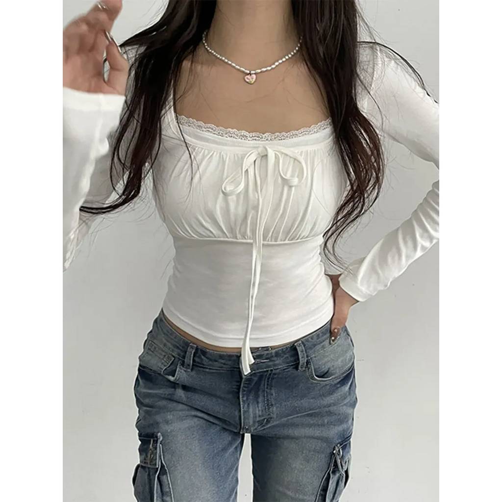 Lace Trim Long Sleeve Top - Ruched Tie-Up T-Shirt - T-Shirts - Long - Scoop - T-Shirts - 4