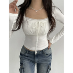 Lace Trim Long Sleeve Top - Ruched Tie-Up T-Shirt - T-Shirts - Long - Scoop - T-Shirts - 4