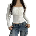 Lace Trim Long Sleeve Top - Ruched Tie-Up T-Shirt - T-Shirts - Long - Scoop - T-Shirts - 6