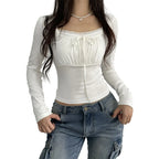 Lace Trim Long Sleeve Top - Ruched Tie-Up T-Shirt - T-Shirts - Long - Scoop - T-Shirts - 6