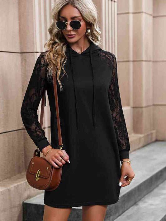 Lace Trim Long Sleeve Hooded Dress - Black / S - All Dresses - Dresses - 1 - 2024