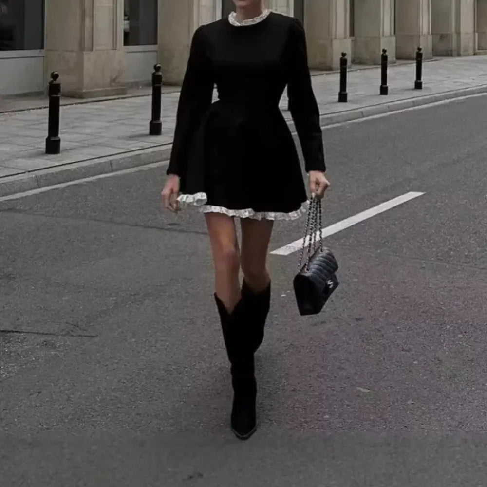 Black High-Waist Lace Trim Mini Dress - All Dresses - mini dress - 1