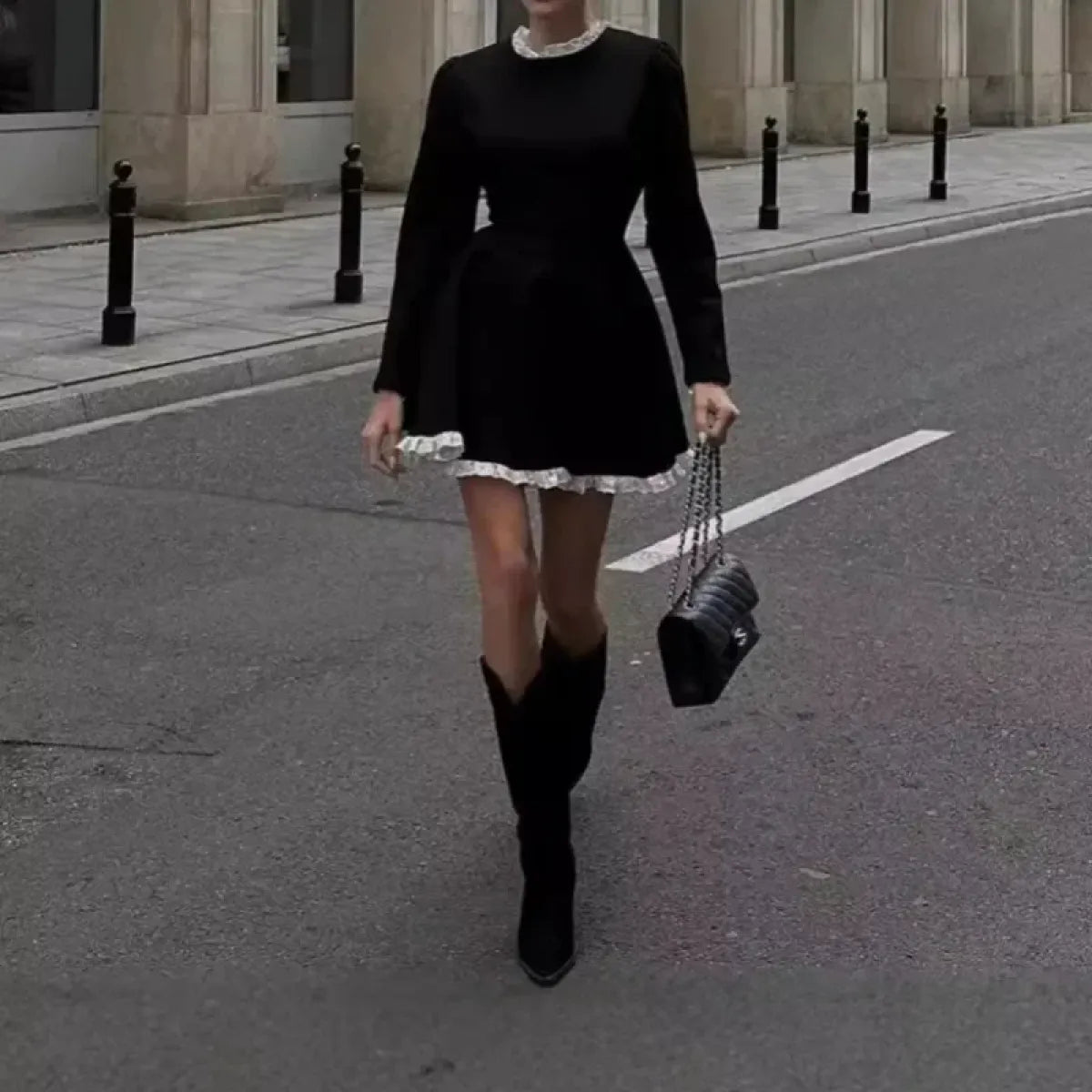 Black High-Waist Lace Trim Mini Dress - All Dresses - mini dress - 1