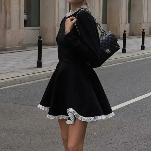 Black High-Waist Lace Trim Mini Dress - All Dresses - mini dress - 2