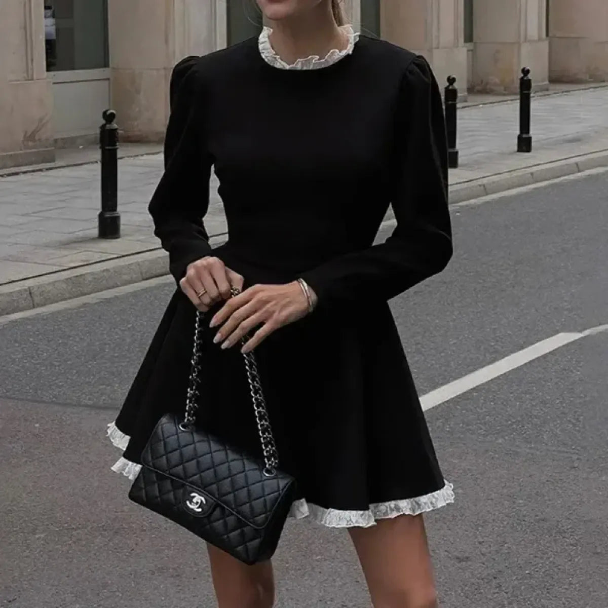 Black High-Waist Lace Trim Mini Dress - All Dresses - mini dress - 4