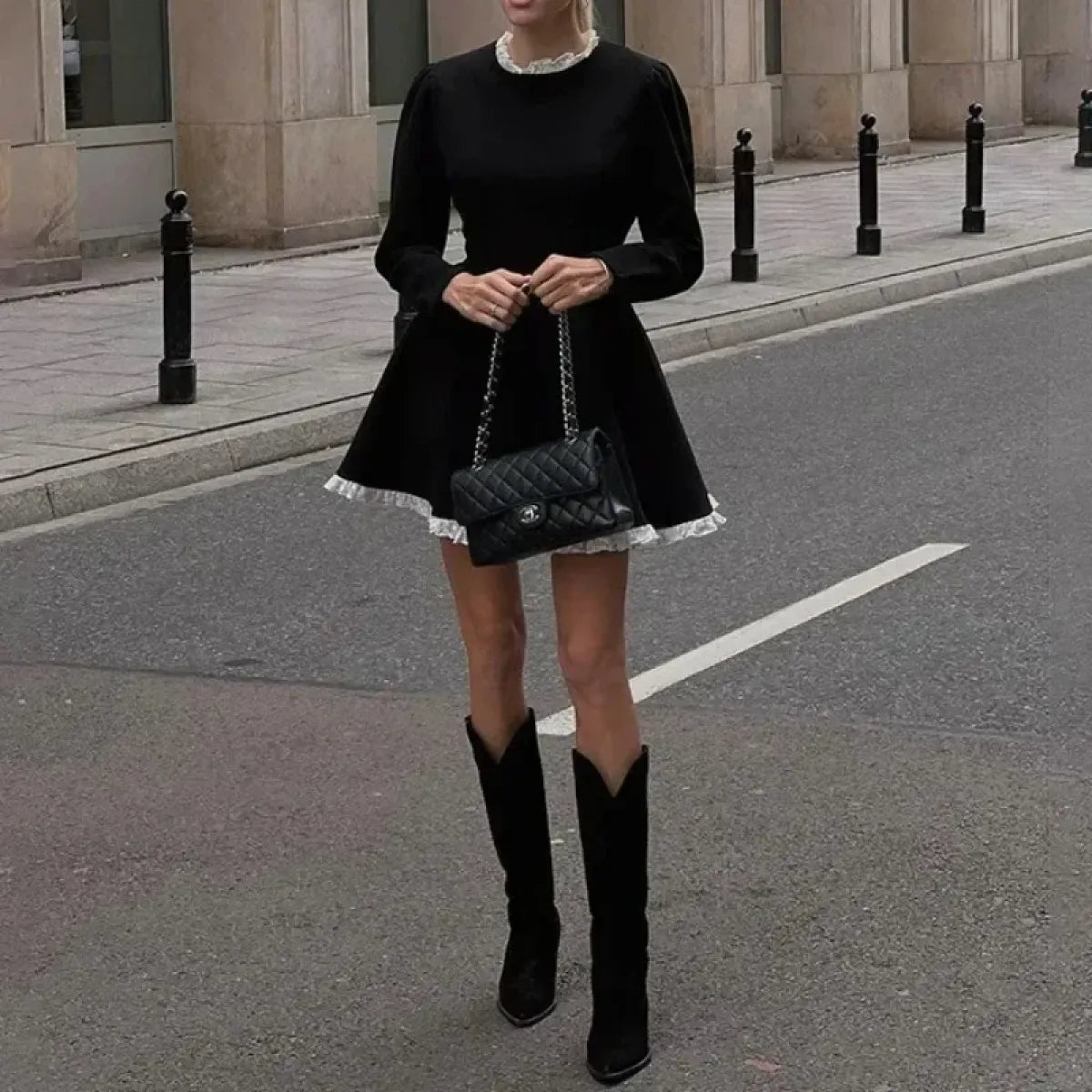 Black High-Waist Lace Trim Mini Dress - All Dresses - mini dress - 6