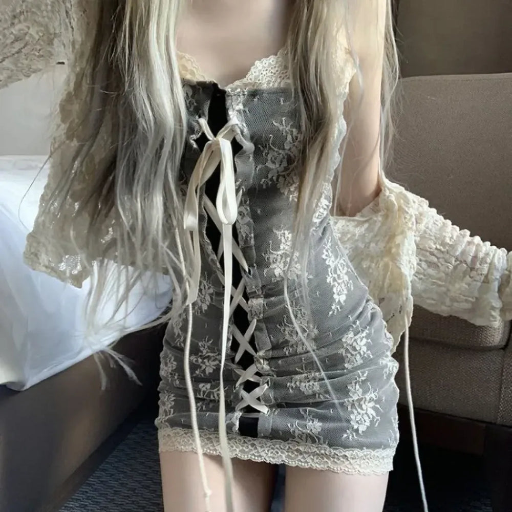 Lace-Up Bodycon Dress Set – Y2K Slim Fit with Sheer Cardigan - All Dresses - Long - V-neck - Sets - 1