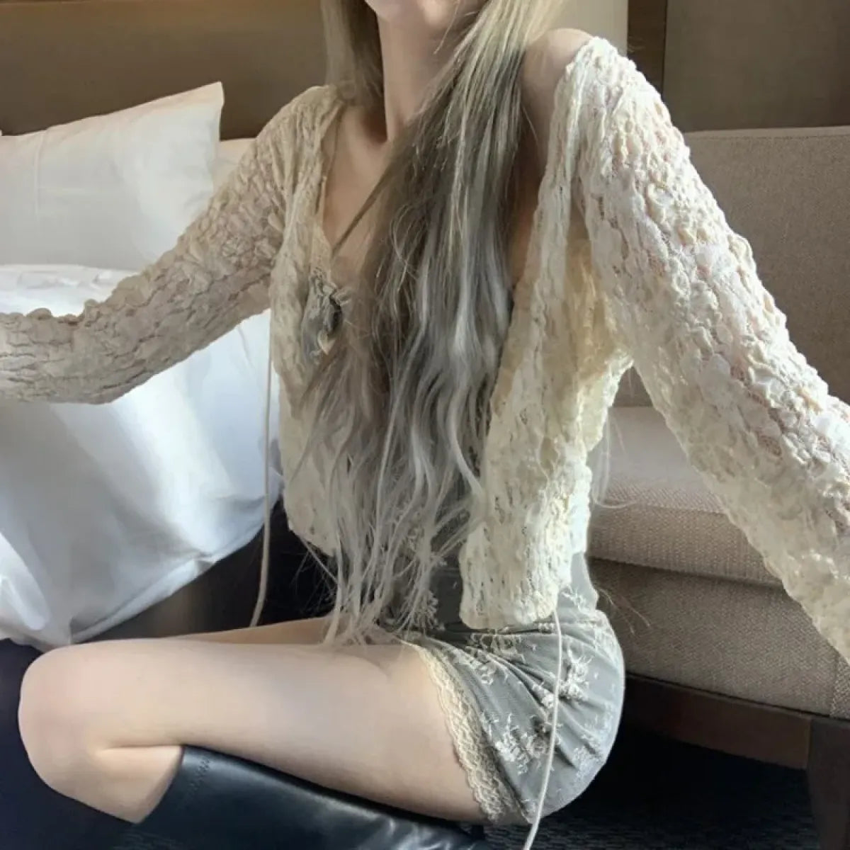 Lace-Up Bodycon Dress Set – Y2K Slim Fit with Sheer Cardigan - All Dresses - Long - V-neck - Sets - 3